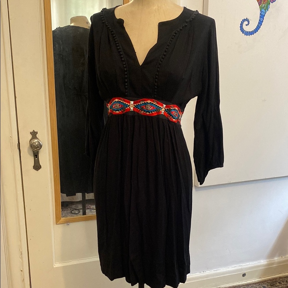 Elegant Black Dress with Colorful Waist Detail